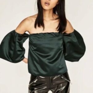 Zara Green Off-Shoulder Satin Top with Dramatic Sleeves, Size XS, Brand New